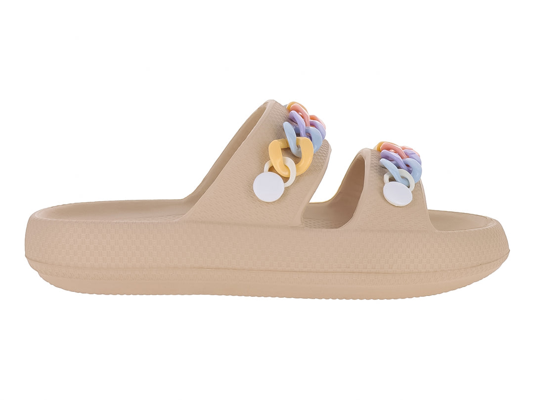 Sandalias de EVA color kaki con detalle de cadena multicolor en las tiras superiores.