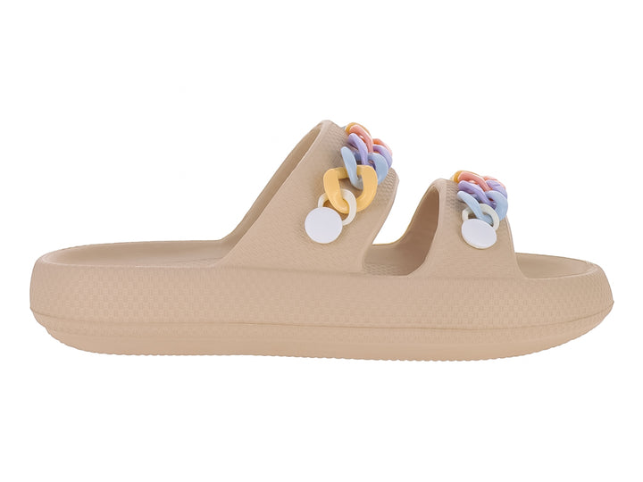 Sandalias de EVA color kaki con detalle de cadena multicolor en las tiras superiores.