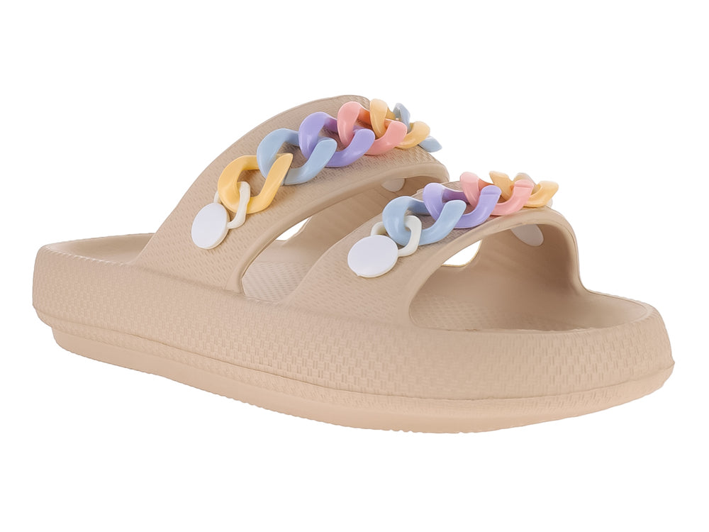 Sandalias de EVA color kaki con detalle de cadena multicolor en las tiras superiores.