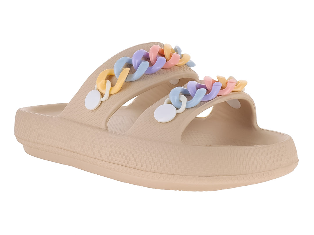 Sandalias de EVA color kaki con detalle de cadena multicolor en las tiras superiores.