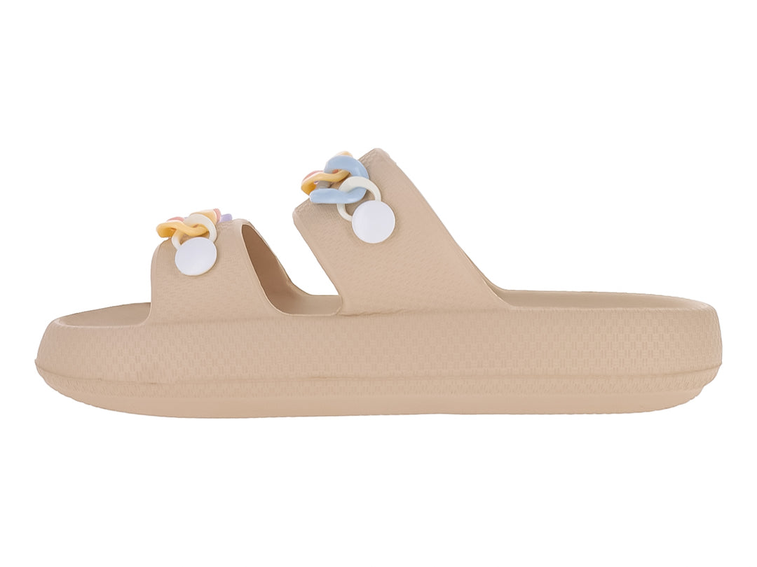 Sandalias de EVA color kaki con detalle de cadena multicolor en las tiras superiores.