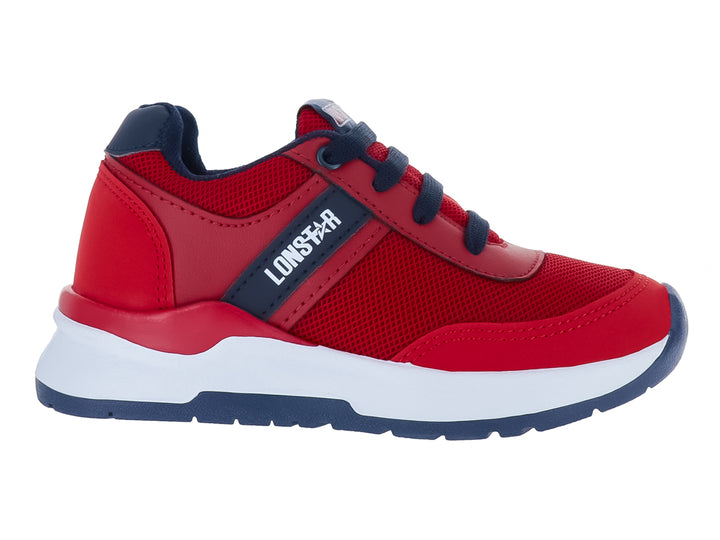 Tenis deportivos infantiles color rojo y azul marino con suela blanca.