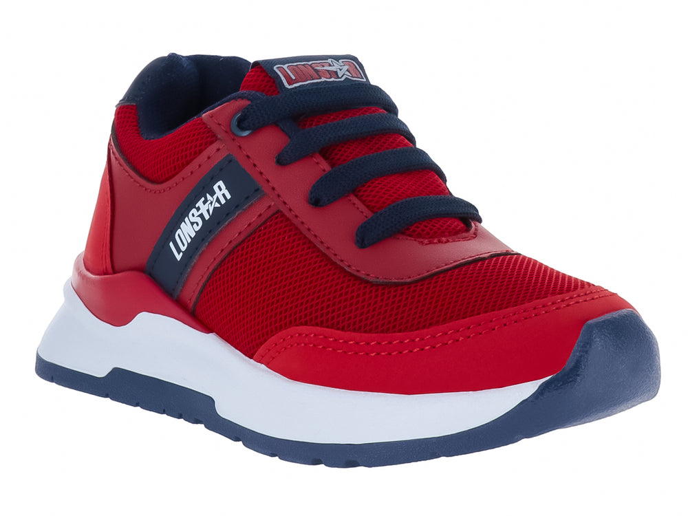 Tenis deportivos infantiles color rojo y azul marino con suela blanca.