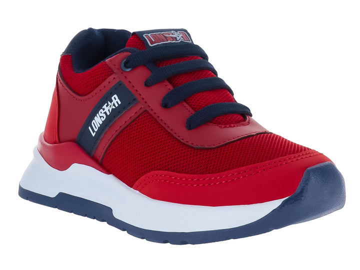Tenis deportivos infantiles color rojo y azul marino con suela blanca.