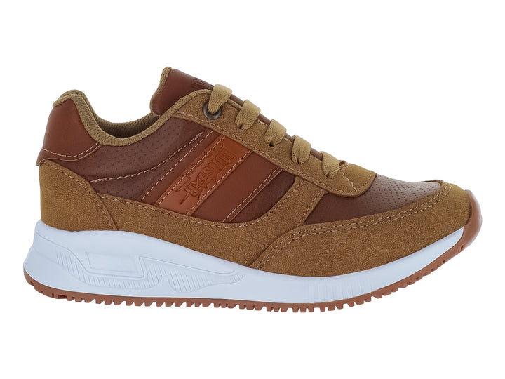 Tenis infantiles color camel con suela blanca y detalles en tonos café, marca Lonstar Unlimited.