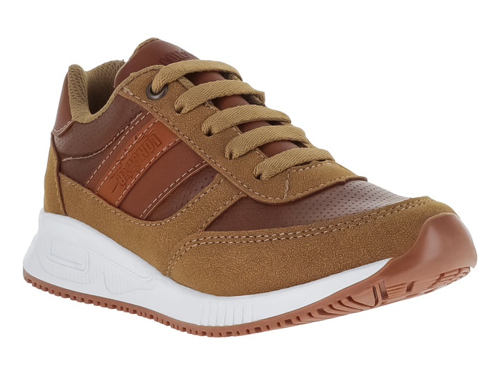 Tenis infantiles color camel con suela blanca y detalles en tonos café, marca Lonstar Unlimited.