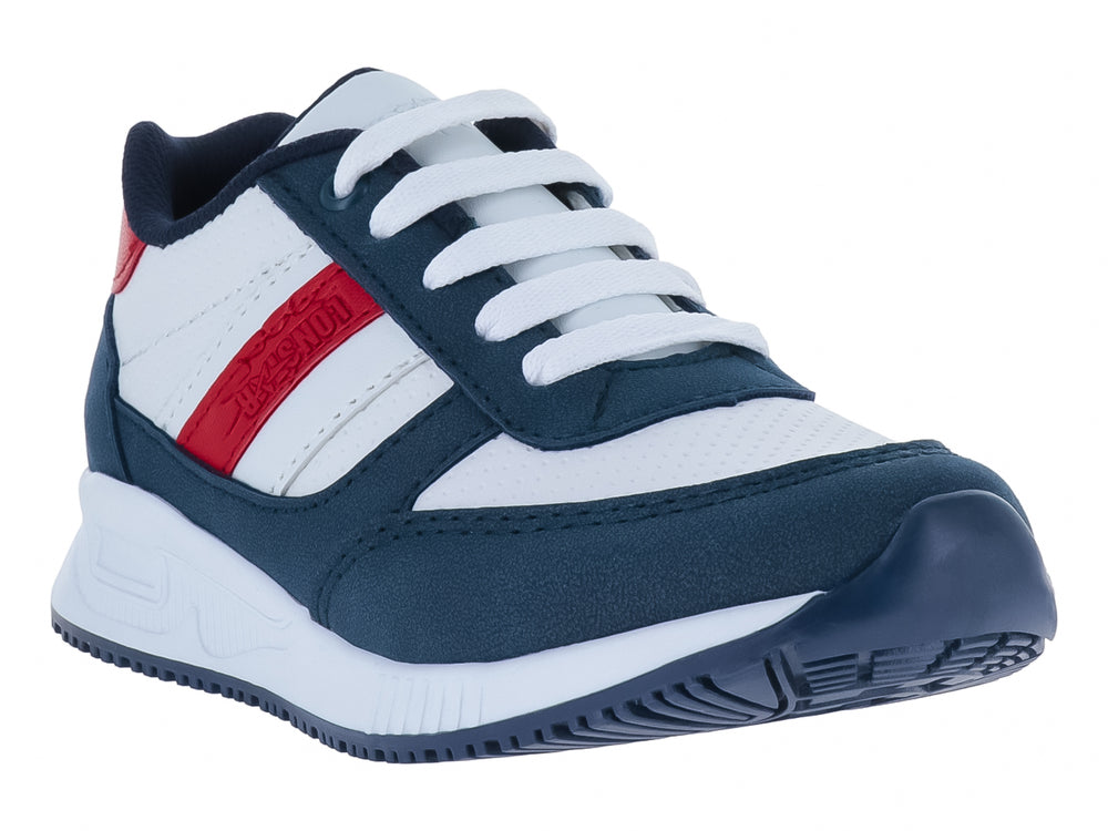 Tenis deportivos para niño en colores blanco, marino y rojo con agujetas blancas.