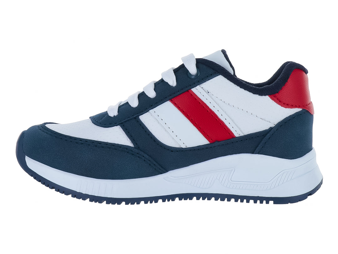 Tenis infantiles Lonstar Unlimited en colores blanco, marino y rojo con agujetas blancas.