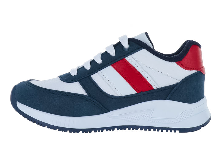 Tenis infantiles Lonstar Unlimited en colores blanco, marino y rojo con agujetas blancas.