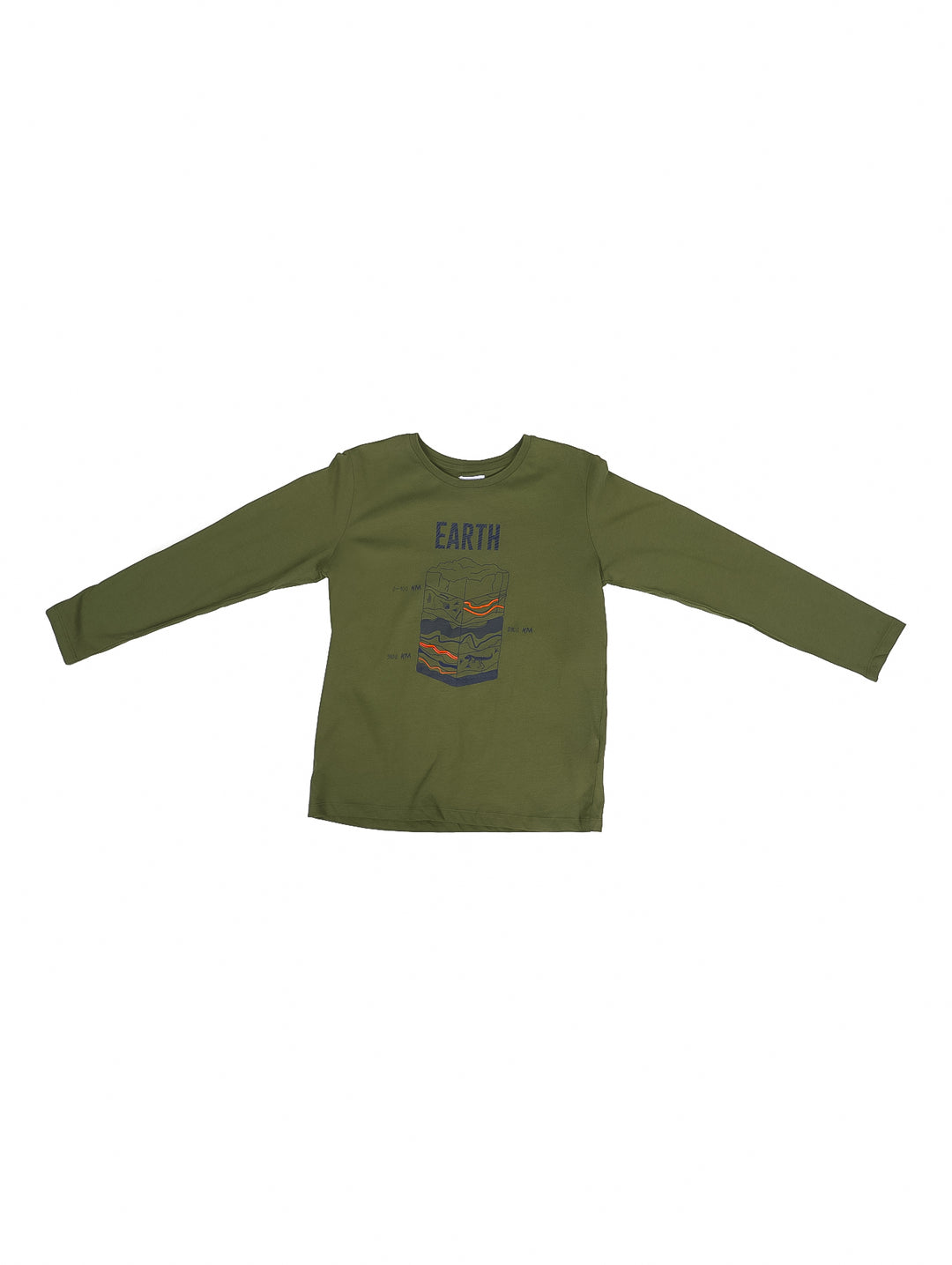 Camiseta de manga larga color olivo para niños con estampado gráfico de la Tierra en el pecho.