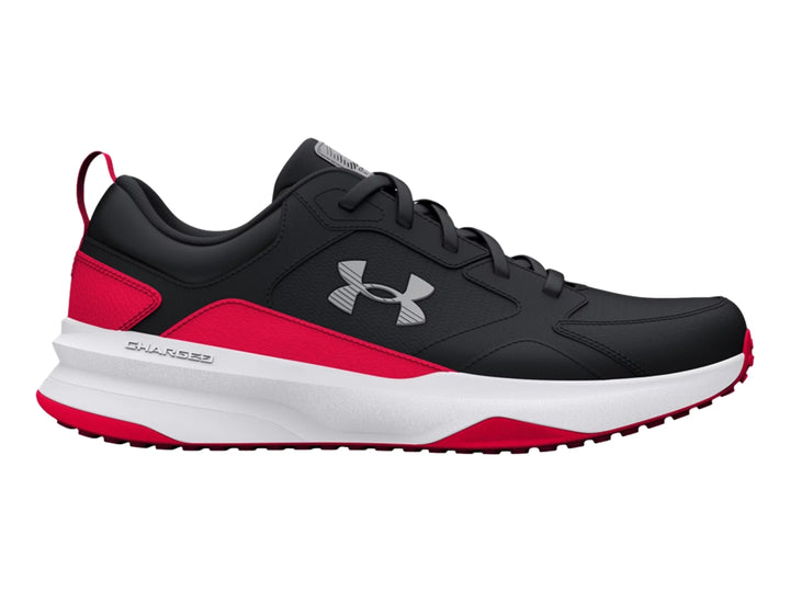 Tenis deportivos Under Armour color negro con detalles en rojo y suela blanca.