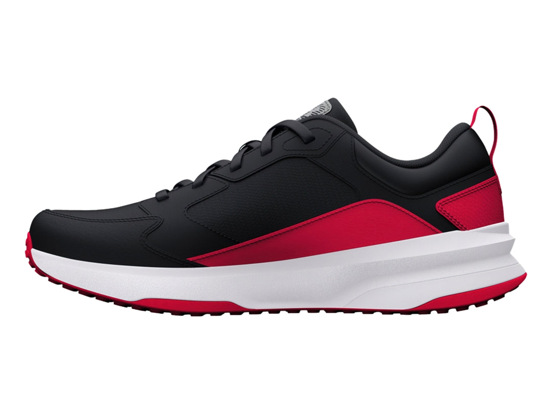 Tenis deportivos Under Armour color negro con detalles en rojo y suela blanca.