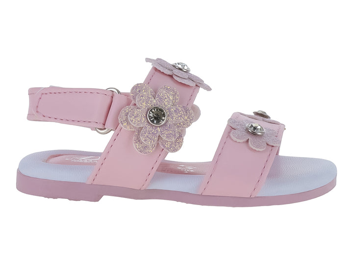 Sandalia rosa para niña con adornos de flores brillantes y correa ajustable.