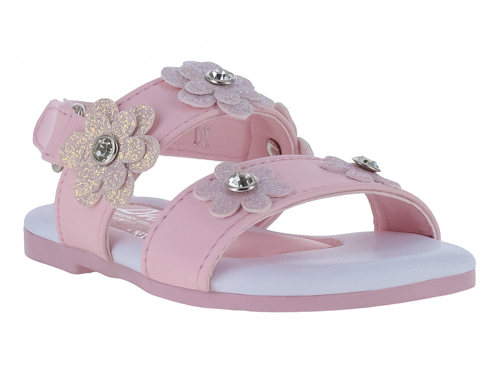 Sandalia rosa para niña con adornos de flores brillantes y correa ajustable.