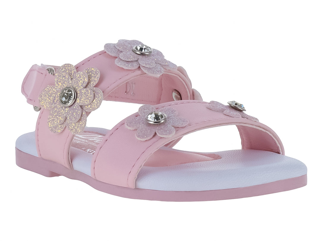 Sandalia rosa para niña con adornos de flores brillantes y correa ajustable.