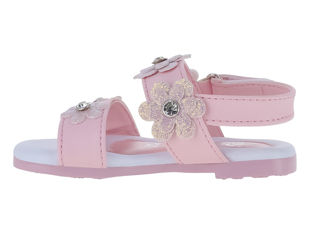 Sandalia rosa para niña con adornos de flores brillantes y correa ajustable.