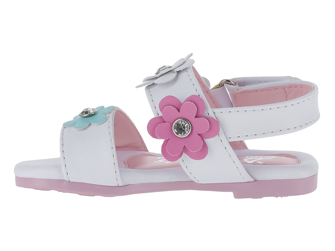 Sandalia blanca para niña con adornos de flores coloridas y suela rosa.