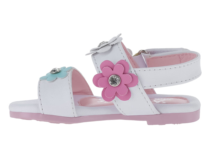 Sandalia blanca para niña con adornos de flores coloridas y suela rosa.