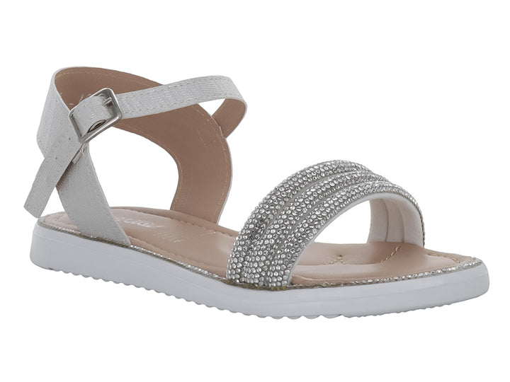Sandalia blanca para niña con correa ajustable y tira frontal decorada con brillantes plateados.