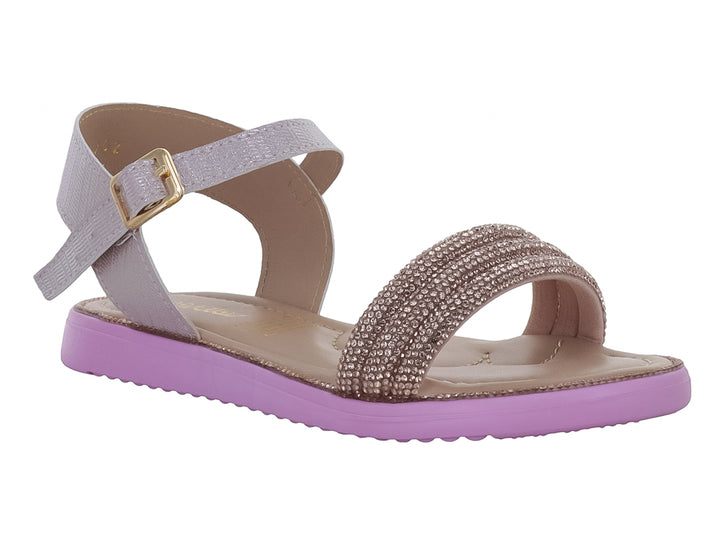 Sandalia morada y lila con correa ajustable y detalles brillantes en la parte frontal.
