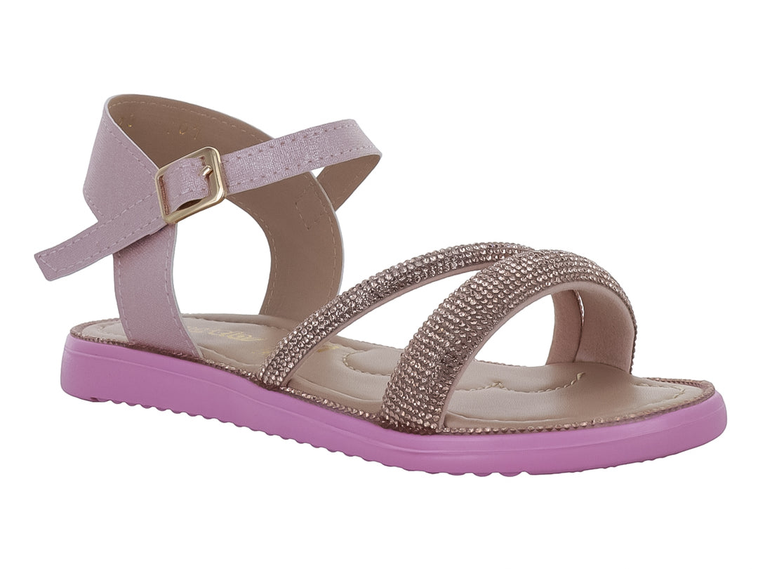 Sandalia rosa para niña con tiras brillantes y suela plana.