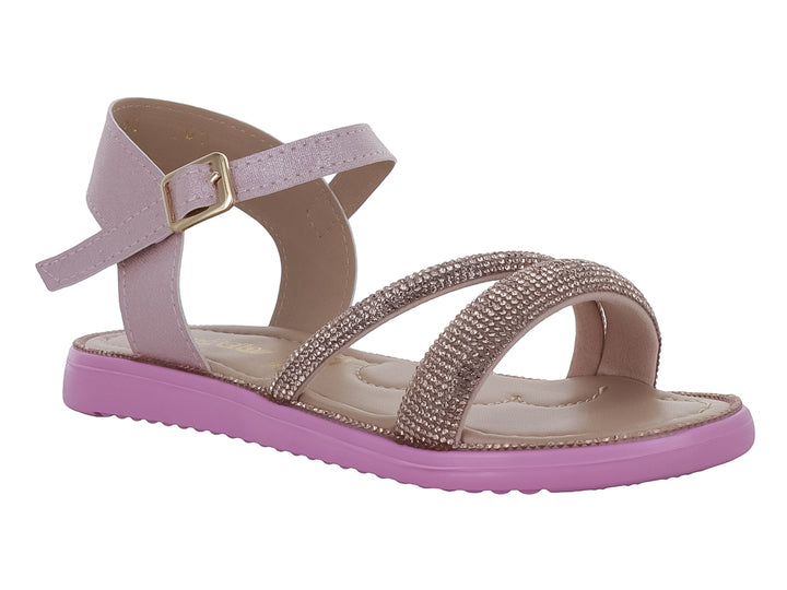 Sandalia rosa para niña con tiras brillantes y suela plana.
