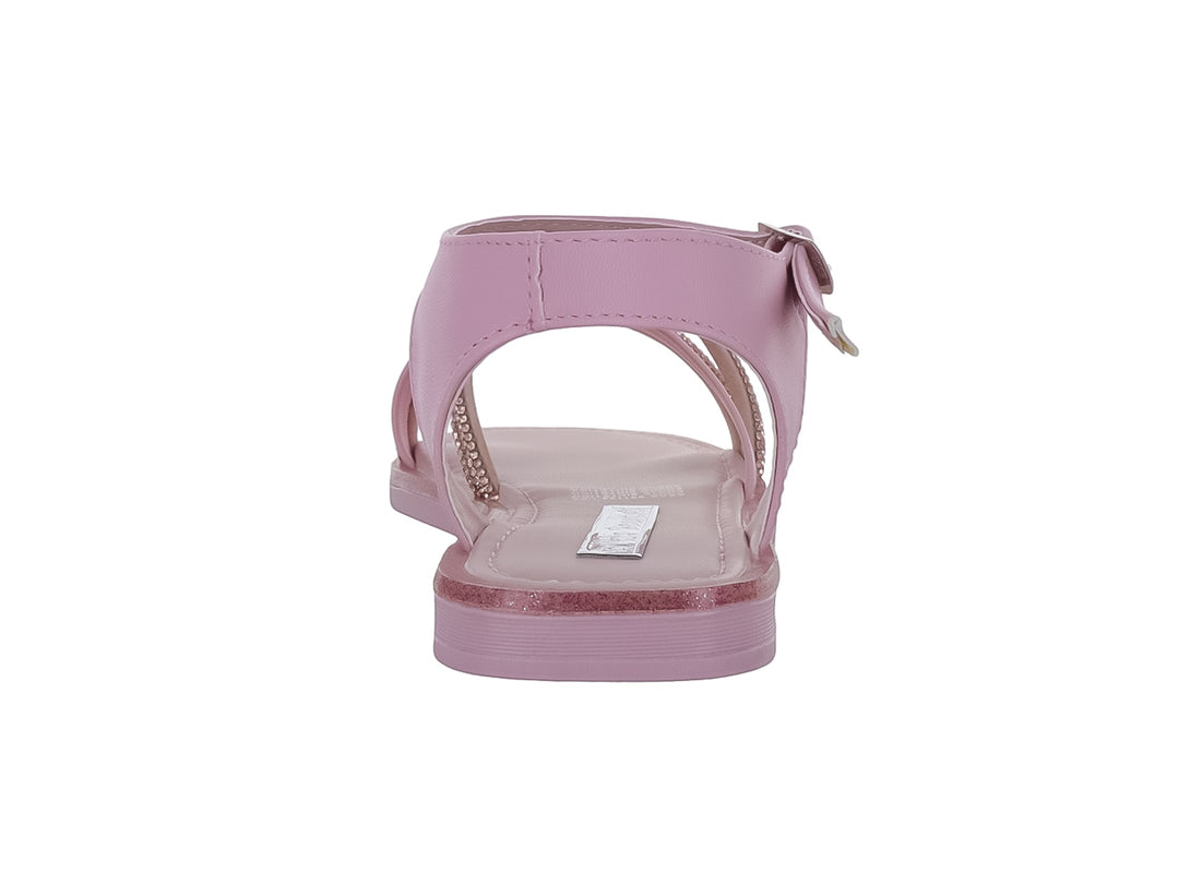 Sandalia para niña de color rosa con correa al tobillo y detalles brillantes en la parte frontal.