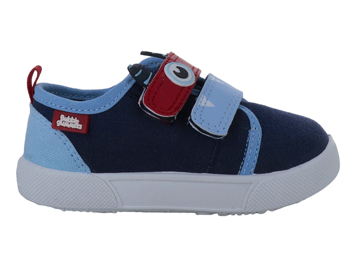 Zapato infantil Buble Gummers en colores azul marino y turquesa con detalle de personaje rojo y cierre de velcro.