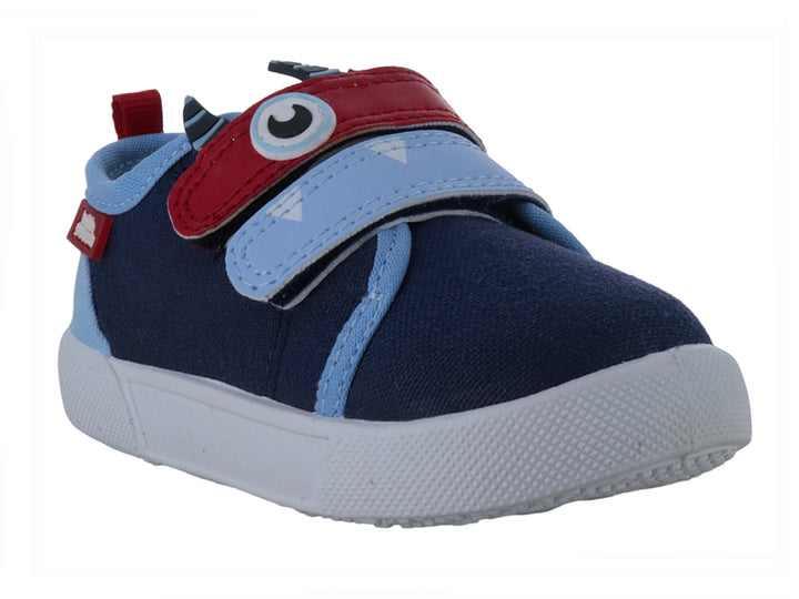 Zapato infantil Buble Gummers en colores azul marino y turquesa con detalle de personaje rojo y cierre de velcro.