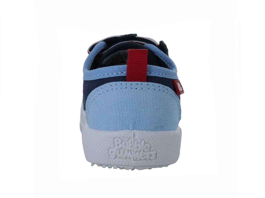 Zapato infantil Buble Gummers en colores azul marino y turquesa con detalle de personaje rojo y cierre de velcro.