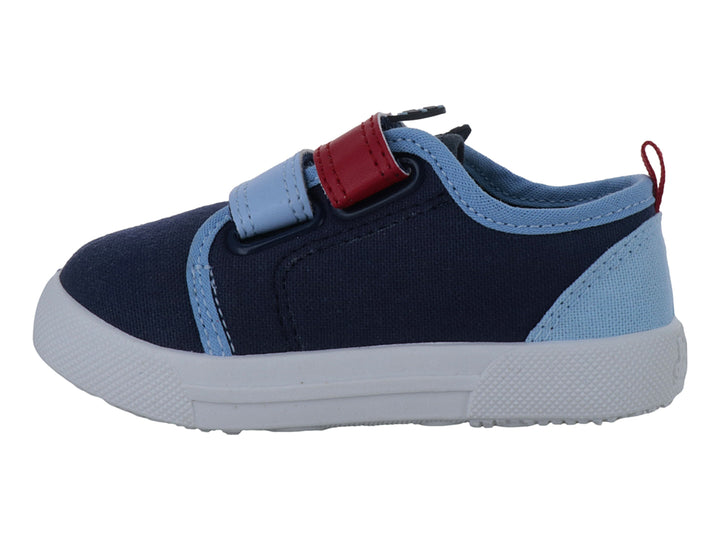 Zapato infantil Buble Gummers en colores azul marino y turquesa con detalle de personaje rojo y cierre de velcro.