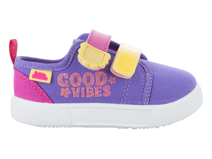 Zapato infantil color lila y fiusha con cierres de velcro amarillos y texto &