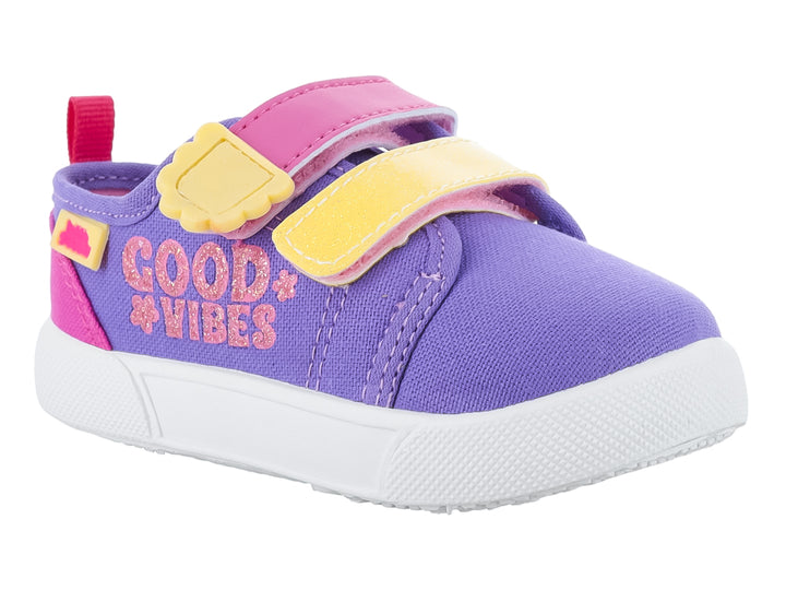 Zapato infantil color lila y fiusha con cierres de velcro amarillos y texto &
