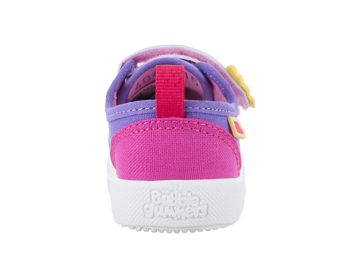 Zapato infantil color lila y fiusha con cierres de velcro amarillos y texto &