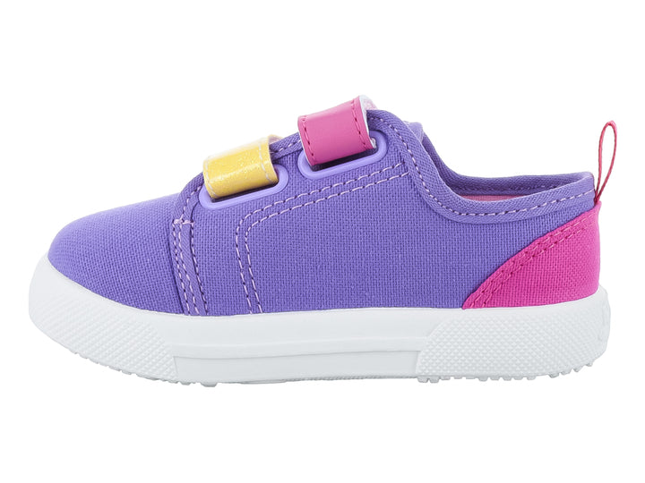 Zapato infantil color lila y fiusha con cierres de velcro amarillos y texto &
