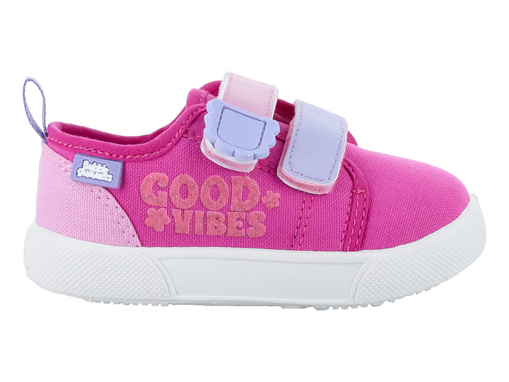 Zapato infantil color fucsia con suela blanca, cierres de velcro y texto &