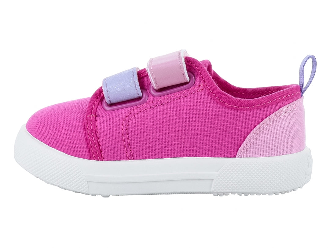 Zapato infantil color fucsia con suela blanca, cierres de velcro y texto &