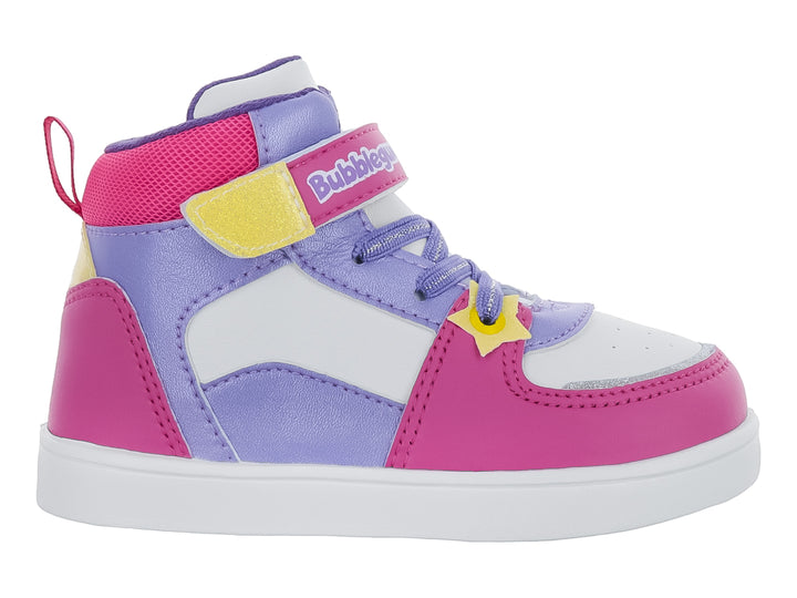 Tenis infantiles de bota en colores blanco, fucsia y morado con detalle de estrella amarilla y cierre de velcro.