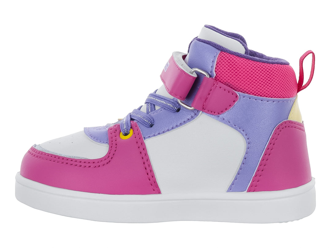 Tenis infantiles de bota en colores blanco, fucsia y morado con detalle de estrella amarilla y cierre de velcro.