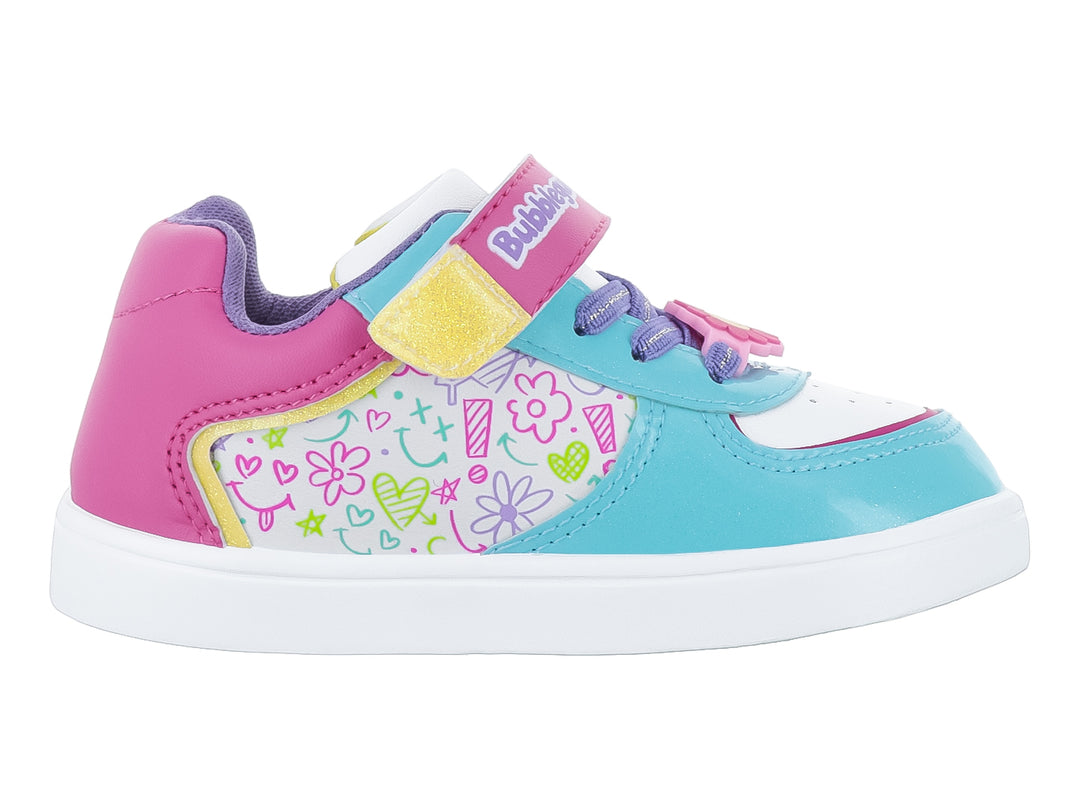 Tenis infantiles multicolor en tonos fucsia y menta con cierre de velcro y estampados decorativos.