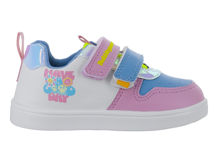 Tenis infantiles Bubble Gummers en colores blanco, rosa y azul con cierres de velcro y diseño gráfico lateral.