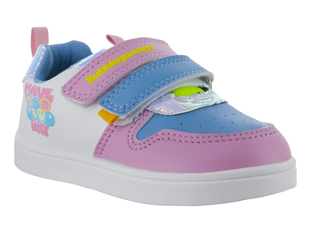 Tenis infantiles Bubble Gummers en colores blanco, rosa y azul con cierres de velcro y diseño gráfico lateral.