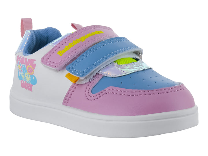 Tenis infantiles Bubble Gummers en colores blanco, rosa y azul con cierres de velcro y diseño gráfico lateral.