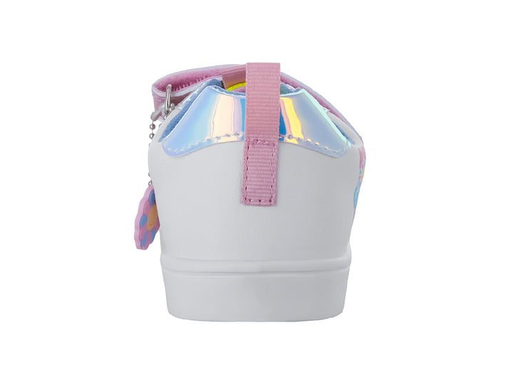 Tenis infantiles Bubble Gummers en colores blanco, rosa y azul con cierres de velcro y diseño gráfico lateral.