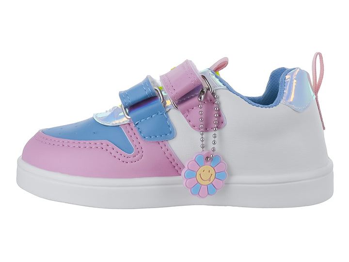 Tenis infantiles Bubble Gummers en colores blanco, rosa y azul con cierres de velcro y diseño gráfico lateral.