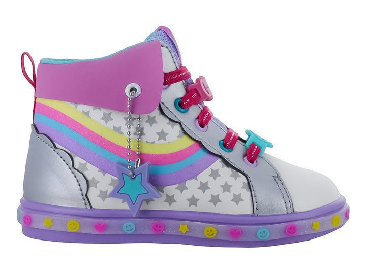 Tenis botín blanco y lila con rayas de arcoíris y detalles de estrellas para Niña.