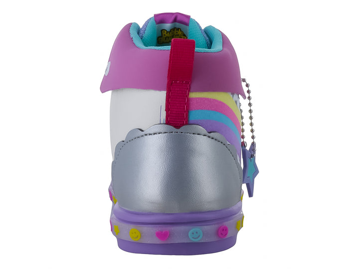 Tenis botín blanco y lila con rayas de arcoíris y detalles de estrellas para Niña.