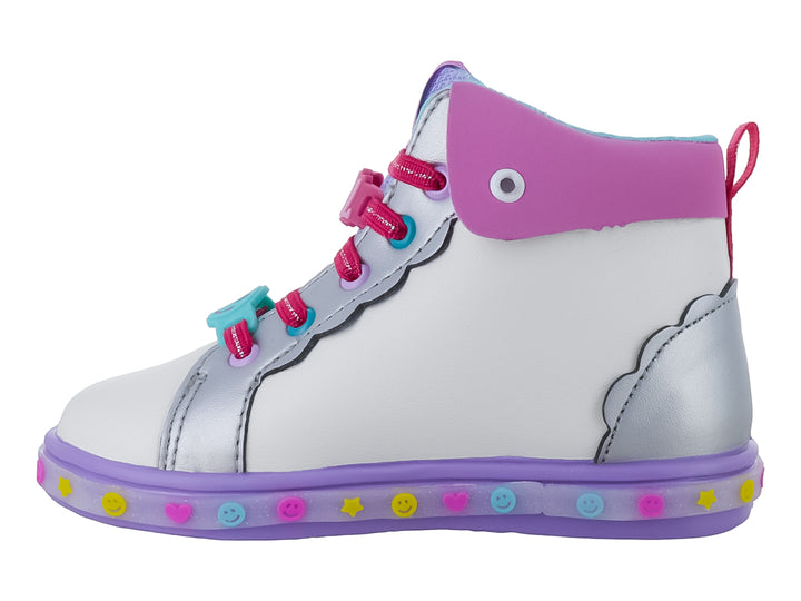 Tenis botín blanco y lila con rayas de arcoíris y detalles de estrellas para Niña.