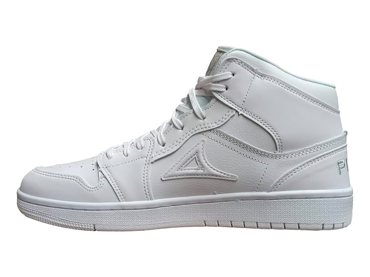 Tenis deportivos de bota color blanco con suela blanca y cordones.