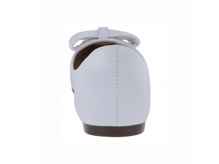Zapato plano color blanco para mujer con detalle de moño decorativo en la parte frontal.
